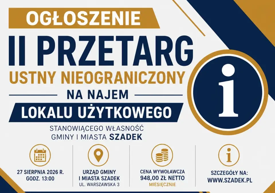 II przetarg na najem lokalu użytkowego w Szadku przy Rynku 4