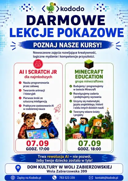 Bezpłatne lekcje pokazowe Kododo w Woli Zabierzowskiej – programowanie, AI i Minecraft