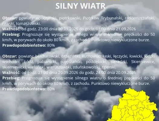 IMGW ostrzega: silny wiatr do 80 km/h nad Łódzkiem i okolicami