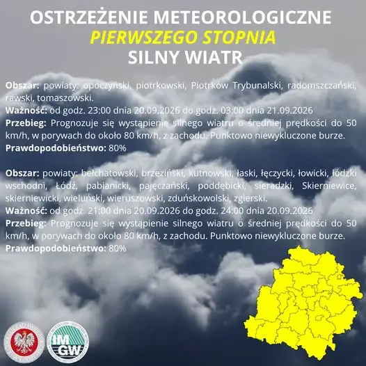 IMGW ostrzega: silny wiatr do 80 km/h nad Łódzkiem i okolicami