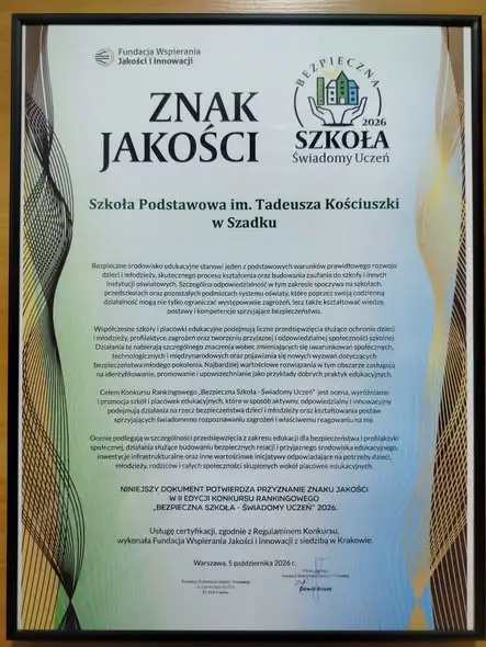 Szkoła Podstawowa w Szadku z certyfikatem „Bezpieczna Szkoła – Świadomy Uczeń”